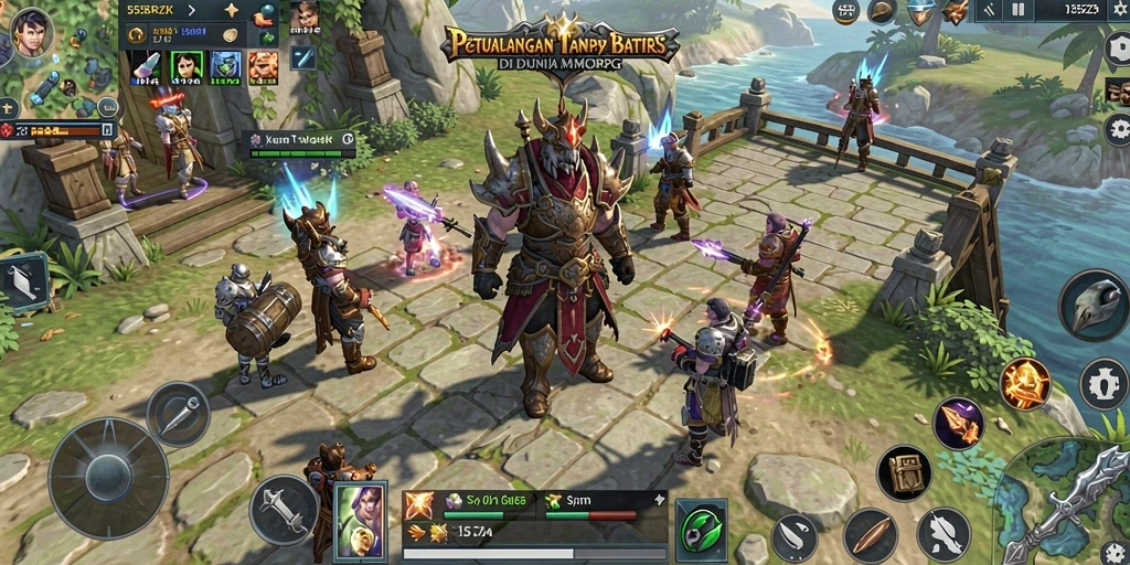 Screenshot 555ZK menampilkan aksi pertempuran epik di dunia MMORPG.