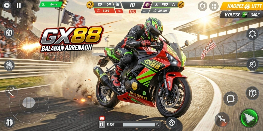 Screenshot gameplay GX88 menampilkan balapan motor yang seru dan mendebarkan.