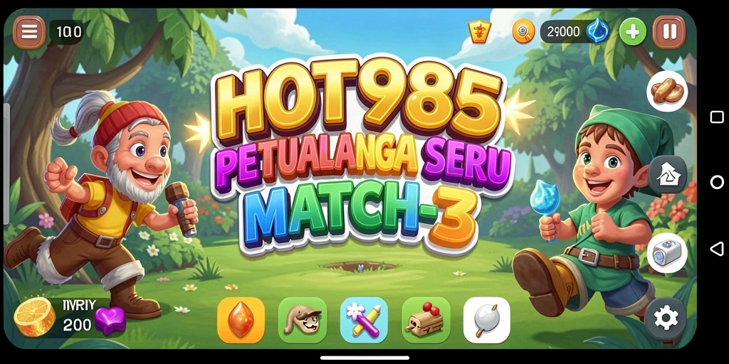 Tampilan gameplay HOT985 dengan aksi Match-3 yang seru dan penuh warna.