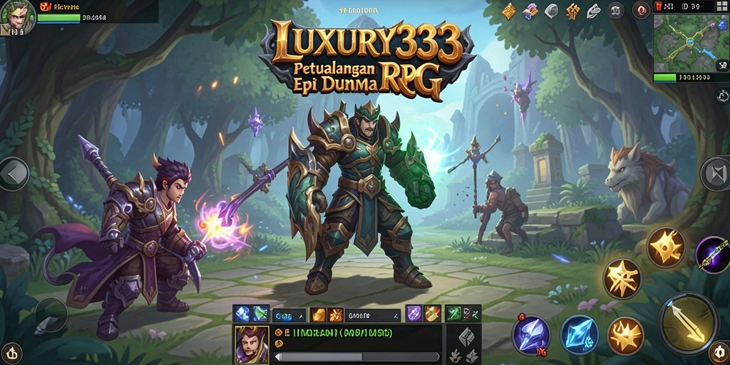 Tangkapan layar LUXURY333 menunjukkan pertarungan epik di dunia RPG yang luas.
