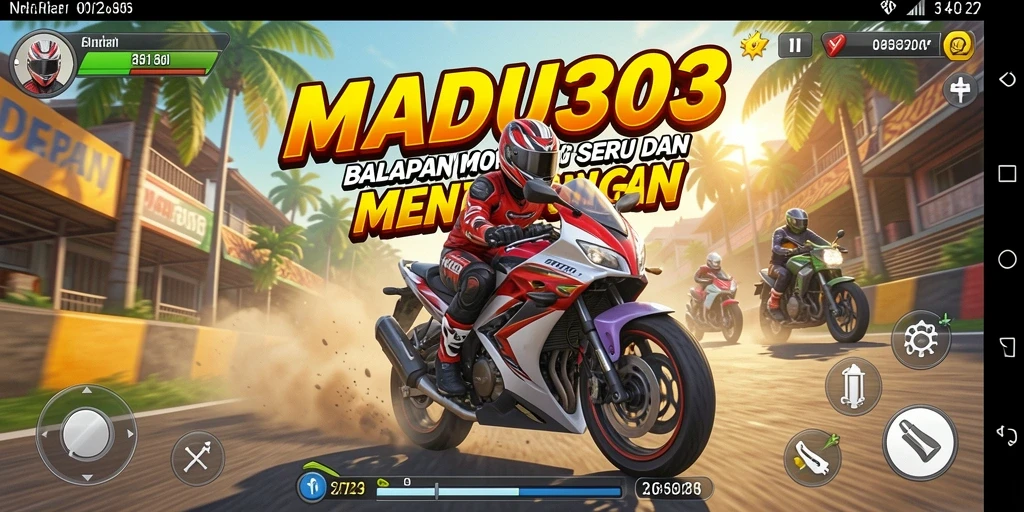 Screenshot utama MADU303 menampilkan balapan motor yang mendebarkan.