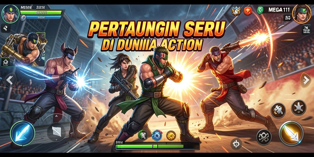Screenshot utama MEGA111 menampilkan aksi laga yang mendebarkan.
