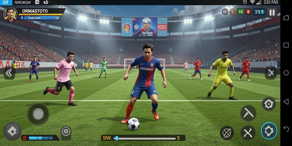 Tampilan gameplay ORMASTOTO dengan aksi seru dari lapangan sepak bola.