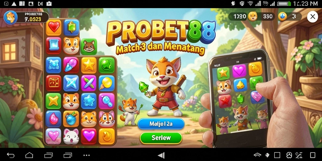 Screenshot gameplay PROBET88 menunjukkan elemen Match-3 yang seru.