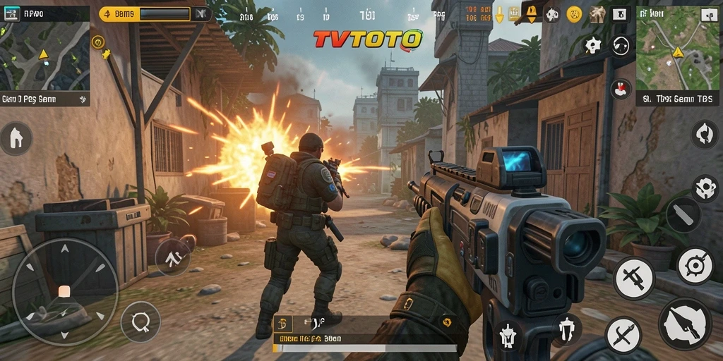 Screenshot utama gameplay TVTOTO menampilkan aksi intens dan grafis yang menakjubkan.